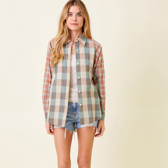 MYSTREE Mixed Plaid Button Down Shirt Neutral Blue & Rust Long Sleeve Casual Top - Picture 7 of 8